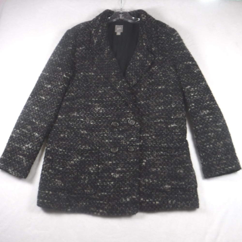 J. Jill Double Breasted Coat Black Gray Alpaca Mohair Wool Tweed Fuzzy Women's M